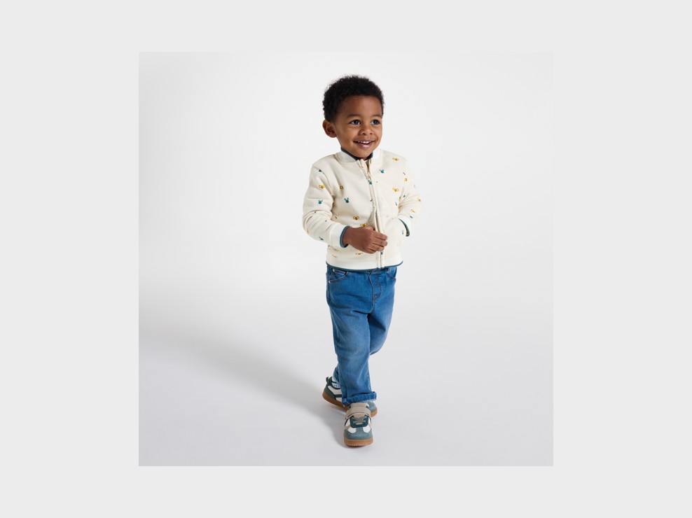 Beigefarbener Teddy-Sweater mit Reißverschluss und Tiermotiv, Baby, Jungen 1