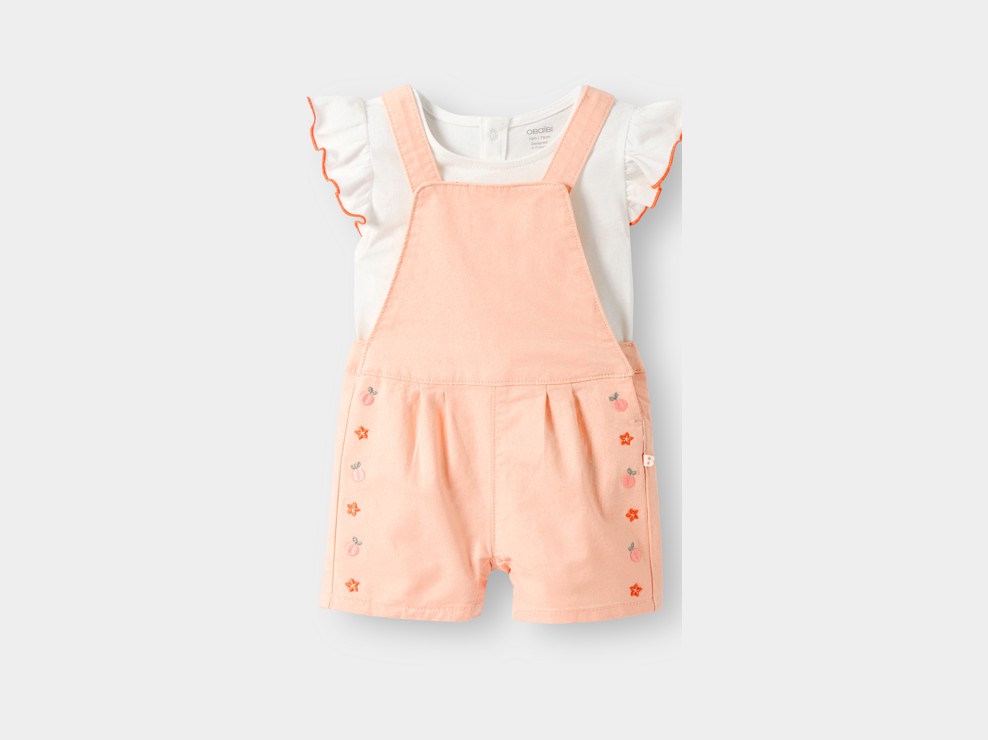 Kurze Latzhose bestickt und T-Shirt rosa Kleinkind Mädchen 2