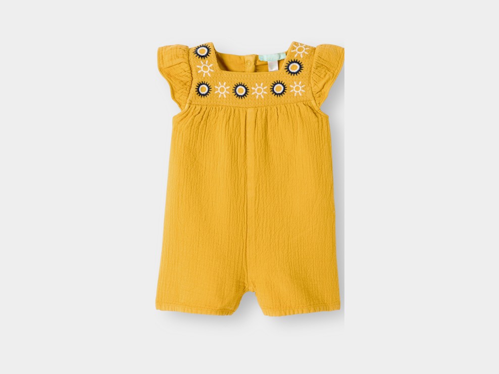 Tuta corta in garza di cotone gialla neonata 2