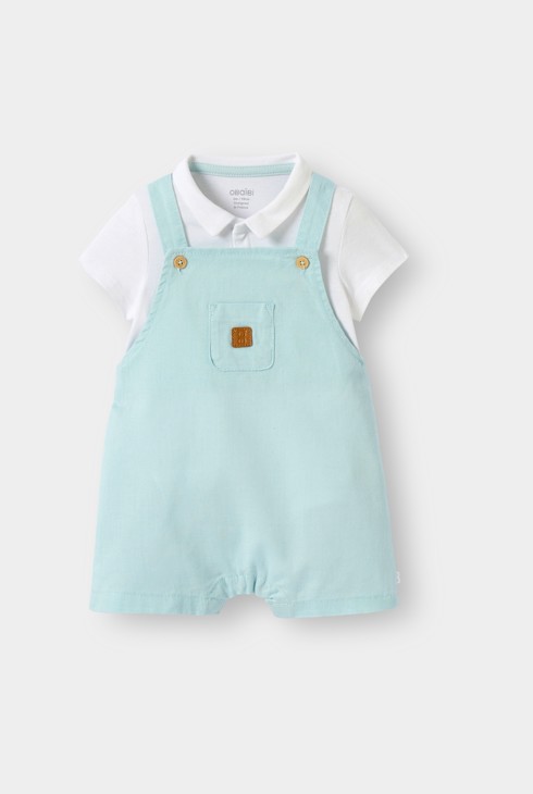 Salopette corta e body blu per neonato 1