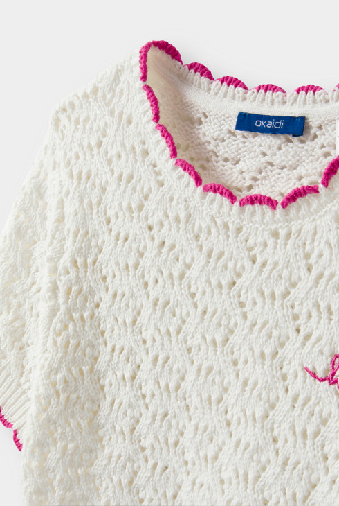 Pull blanc écru crochet fille 2