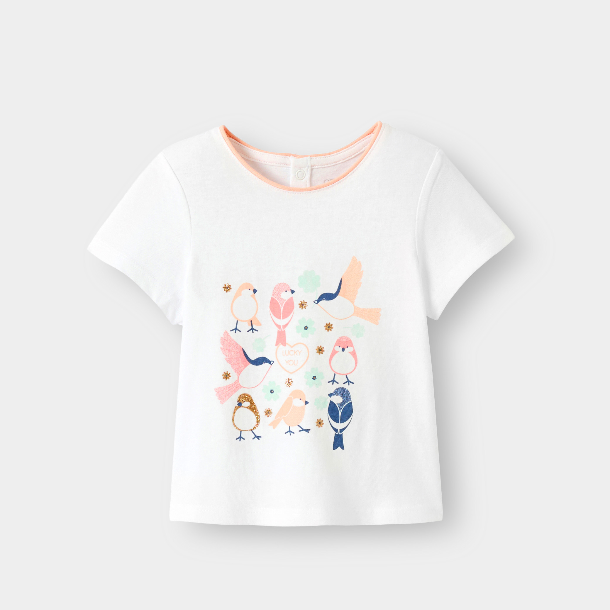 T-shirt blanc à imprimé oiseaux bébé fille. - Bleu clair
