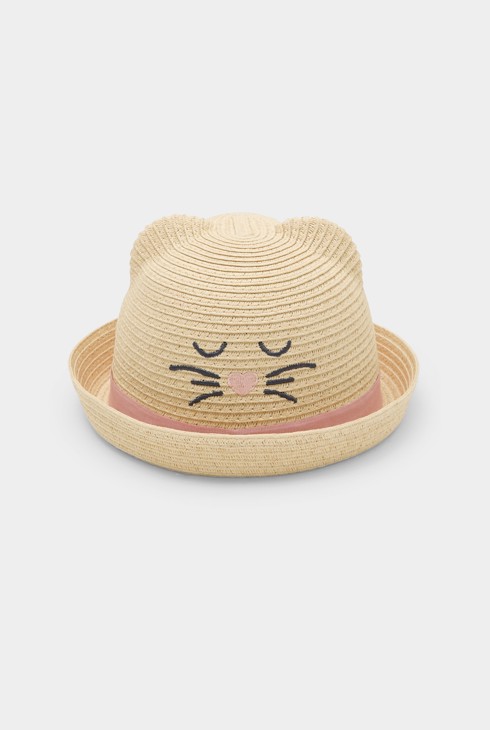 Cappello di paglia beige con gatto 1