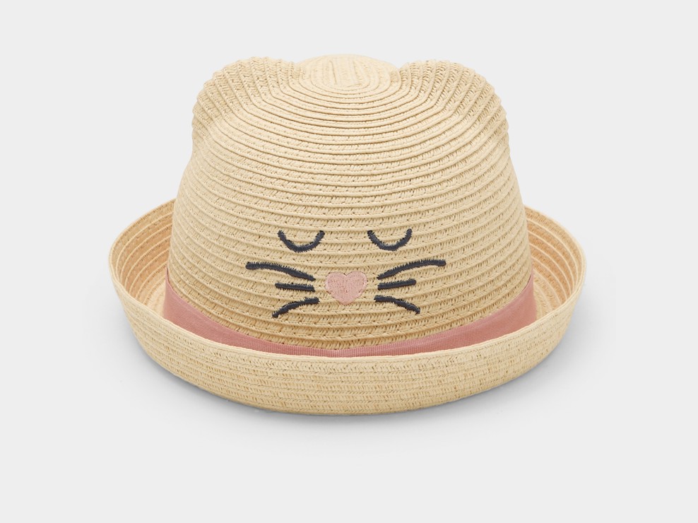 Strohhut beige Katzenmotiv 1