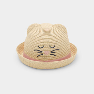 Chapeau paille beige motif chat