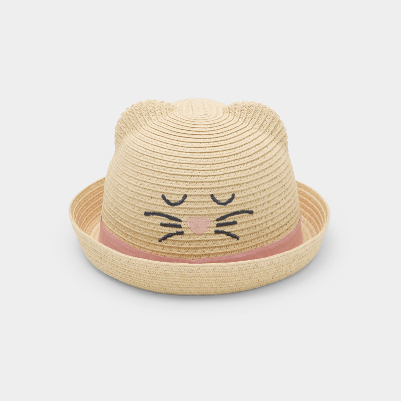 Strohhut beige Katzenmotiv
