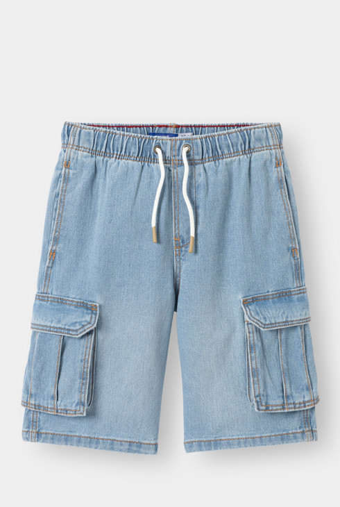 Blauwe spijkerbermuda met cargozakken voor jongens 1