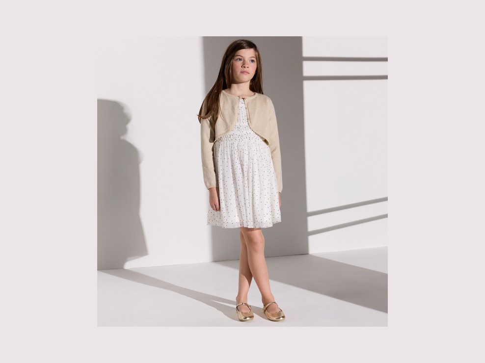 Cardigan corto in maglia beige scintillante per bambina 1