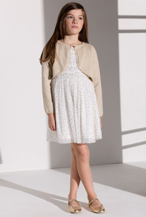 Cardigan corto in maglia beige scintillante per bambina 1