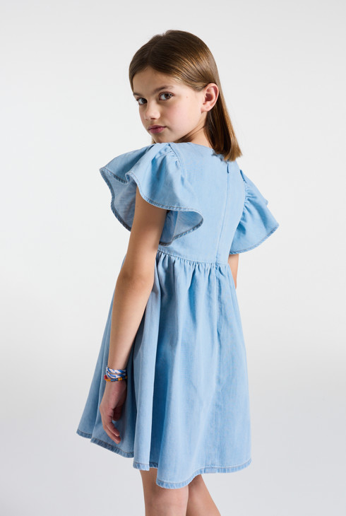 Robe denim volants bleu fille 1