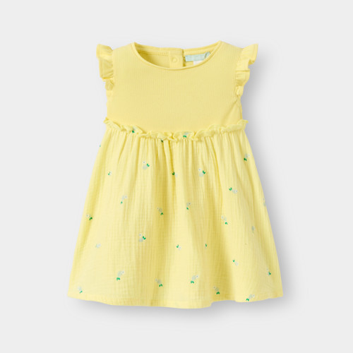 Robe Brodée Coton Jaune Bébé Fille - Lime Clair - 4A - OBAIBI