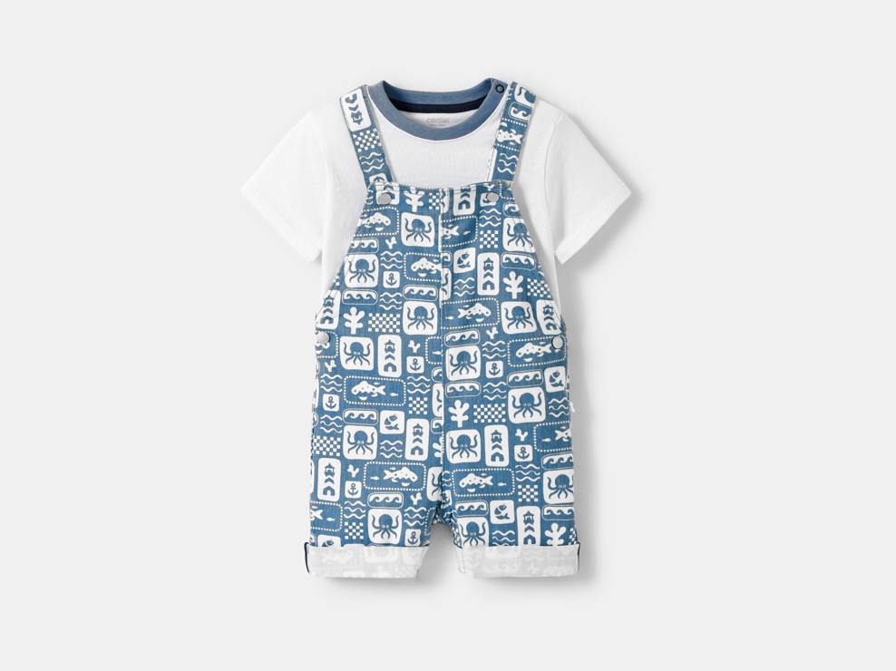 Salopette courte et t-shirt bleu bébé garçon 2
