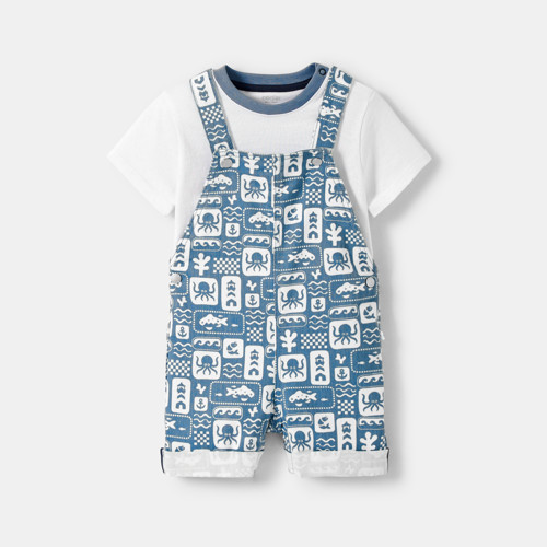 Salopette Courte Et T-shirt Bleu Bébé Garçon - Imprimé Bleu - 6M - OBAIBI
