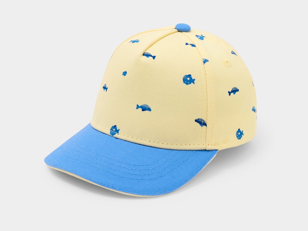 Casquette jaune motif bleu bébé garçon 1