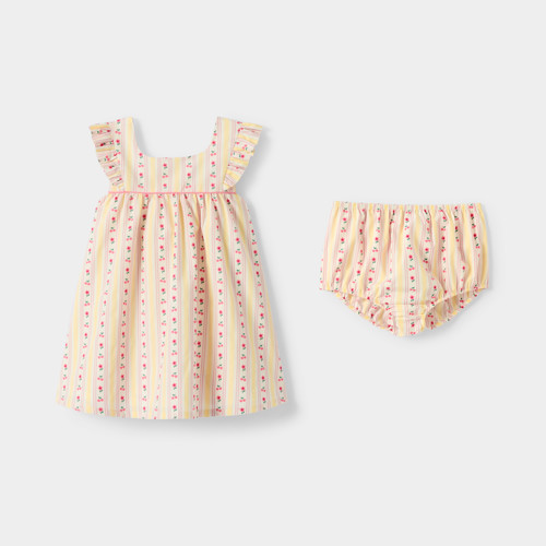 Robe Rayée Fleurie Jaune Bébé Fille - Rayures Jaune - 6M - OBAIBI