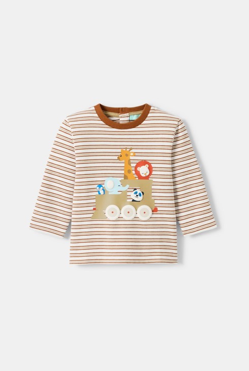 Gestreepte T-shirt met bruine dierenprint voor babyjongens 1