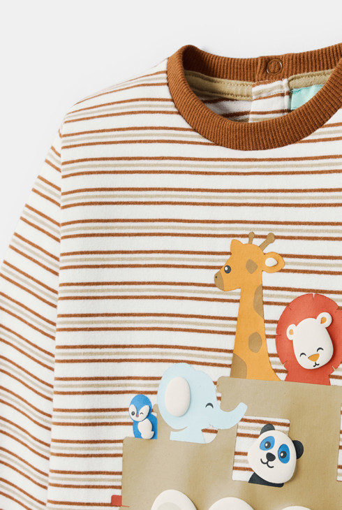 Gestreepte T-shirt met bruine dierenprint voor babyjongens 2