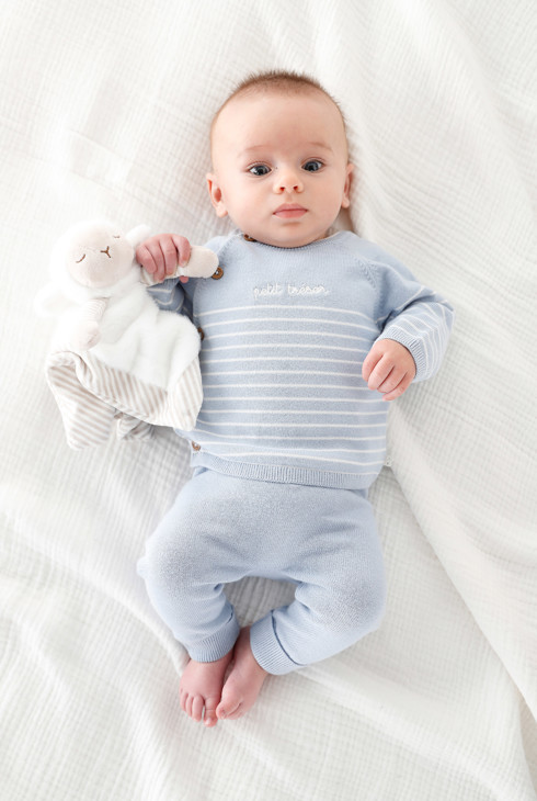 Pull et pantalon maille tricot bleu bébé garçon 1
