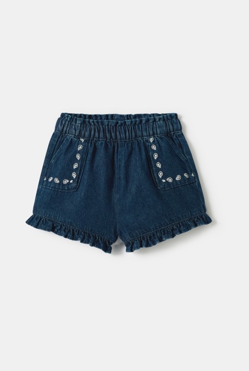 Blauwe denim short met borduursel voor babymeisjes 1
