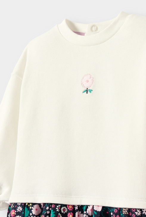 Robe bi-matière fleurie blanc bébé fille