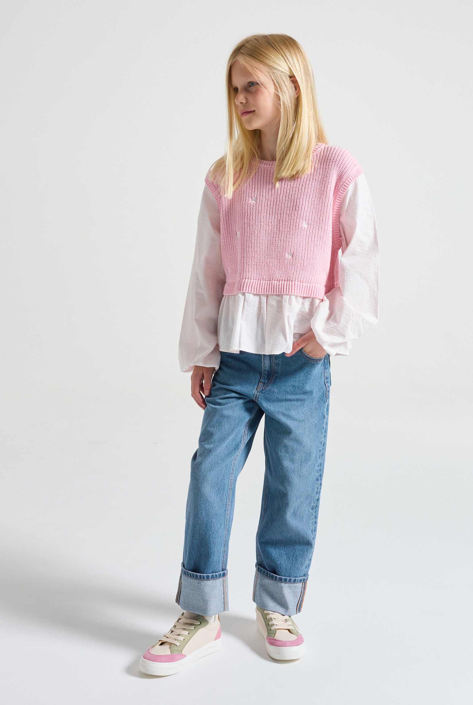 Jean à revers straight bleu stone fille - Denim bleu stone