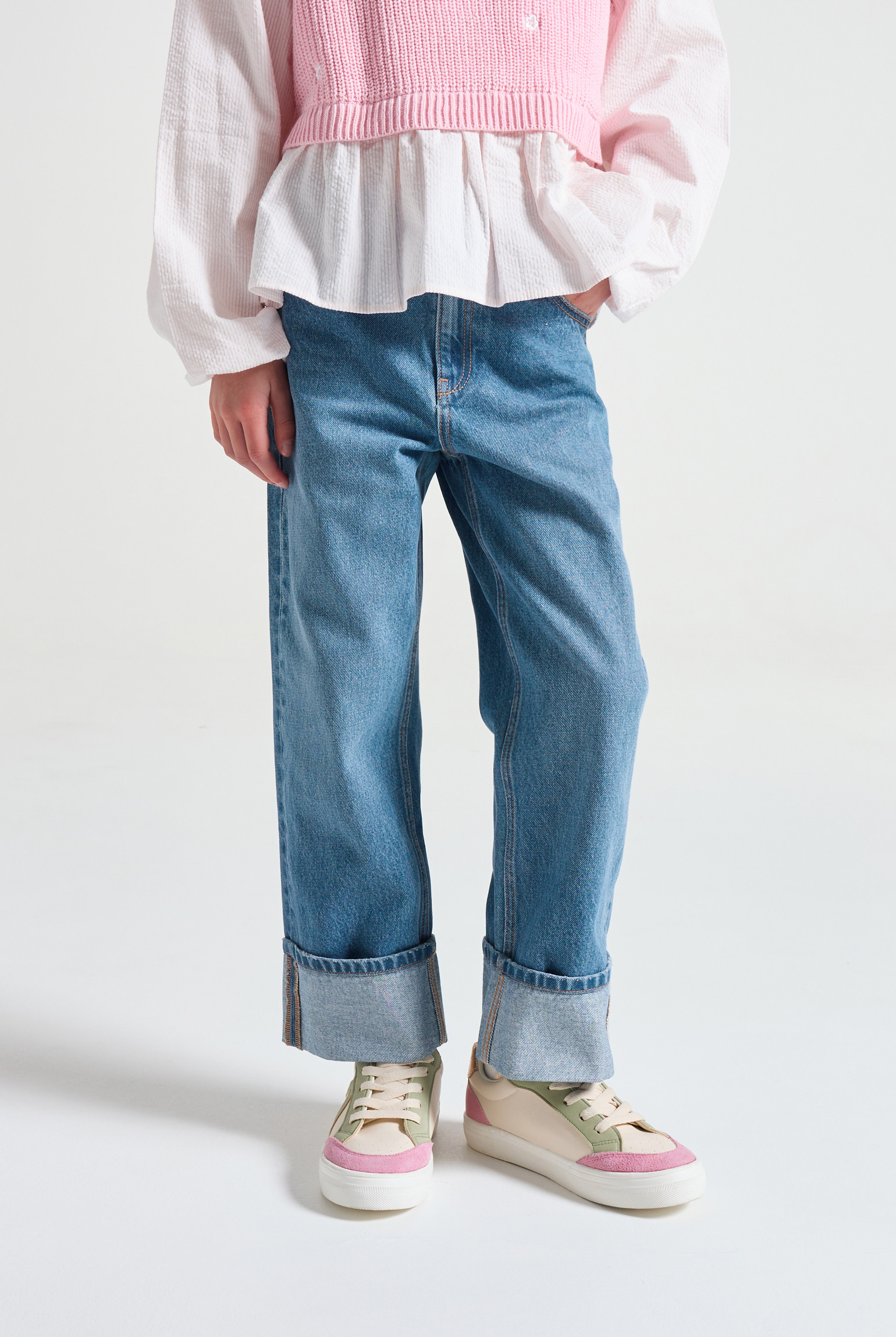 Jean à revers straight bleu stone fille - Denim bleu stone