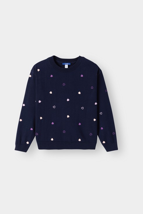 Pull bleu marine avec petits coeurs fille 1
