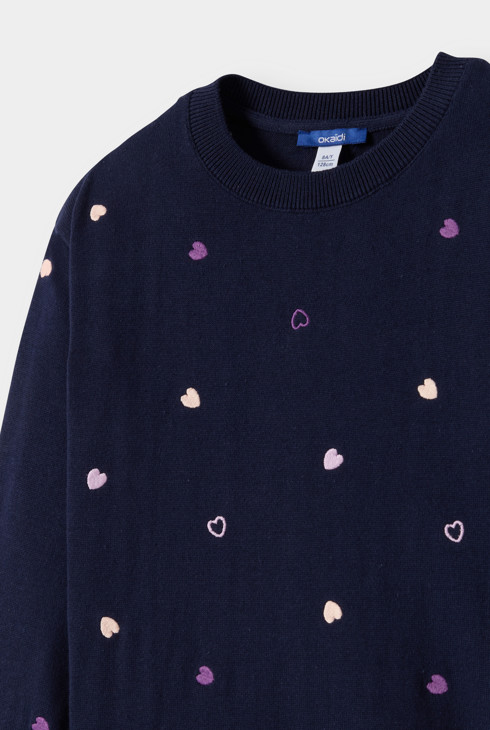 Pull bleu marine avec petits coeurs fille 2