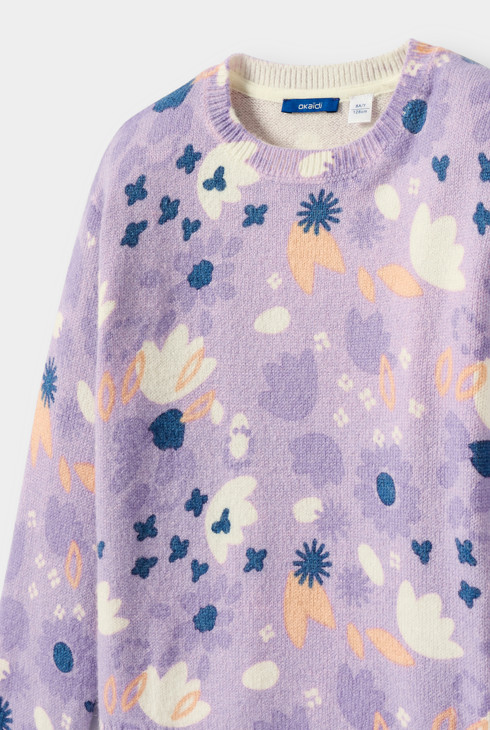Pull maille fleurs violet fille 2