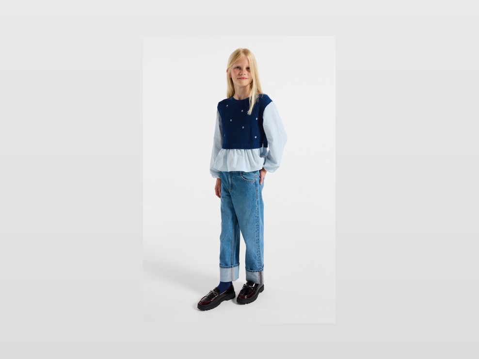 Pull 2-en-1 bleu motif fleurs fille 1
