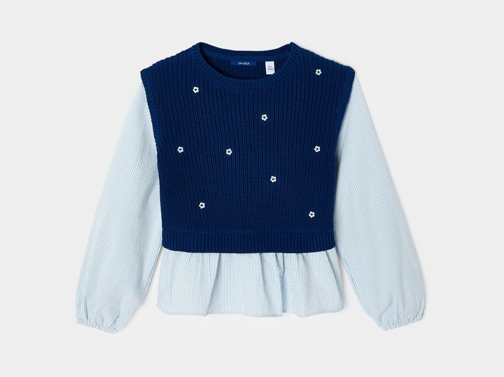 Pull 2-en-1 bleu motif fleurs fille 2