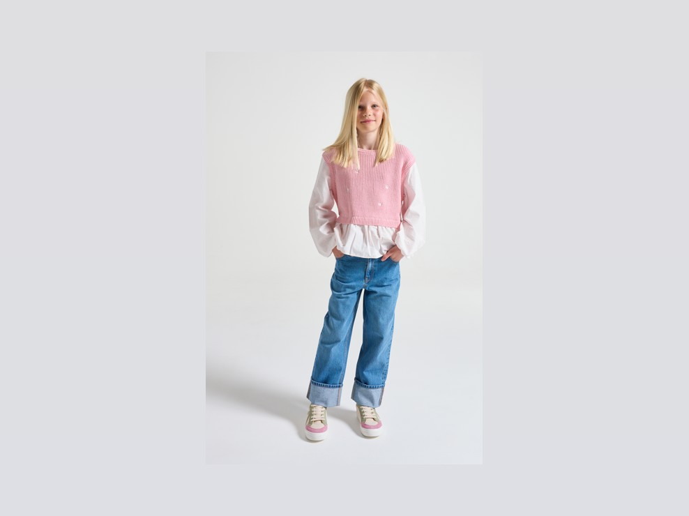 Pull 2 en 1 maille tricot rose fille 1