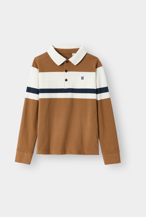 Polo coton piqué rayé marron garçon 2