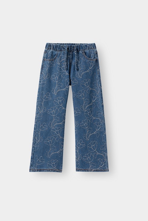Jean large motif fleurs bleu fille 2