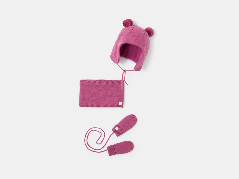Bonnet, snood et moufles tricot rose bébé fille 1
