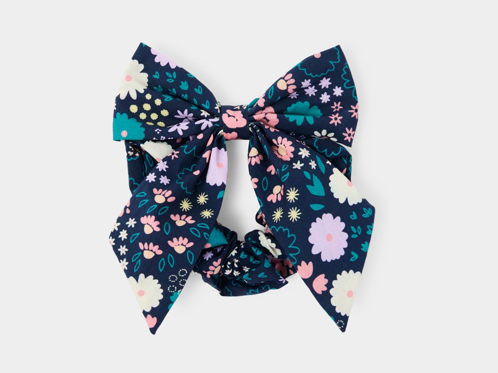 Chouchou noeud fleuri bleu marine fille 1