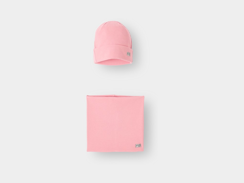 Bonnet et snood côtelé rose fille 1