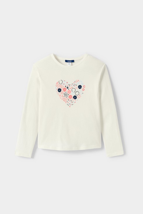 T-shirt blanc écru motif coeur fille 1