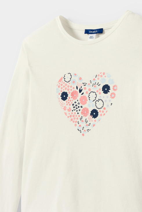 T-shirt blanc écru motif coeur fille 2