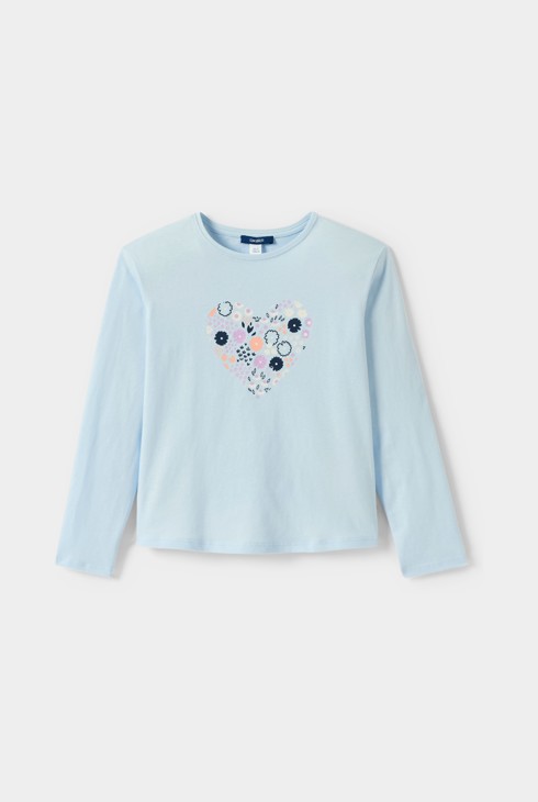 T-shirt bleu motif coeur fille 1