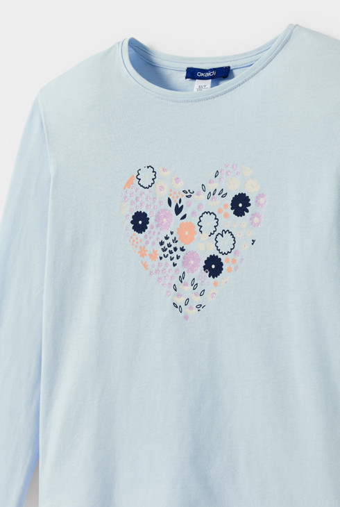T-shirt bleu motif coeur fille 2