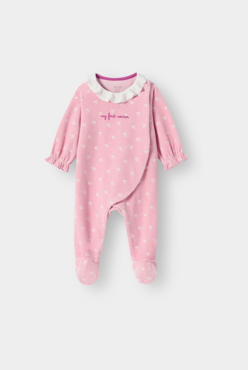 Dors-bien velours fleuri rose bébé fille 1