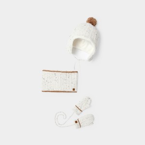 Bonnet, snood et moufles tricot doublé blanc bébé garçon