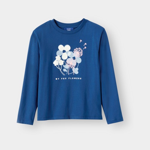 T-shirt Manches Longues Fleurs Bleu Fille - Bleu Lagon - 12A - OKAIDI