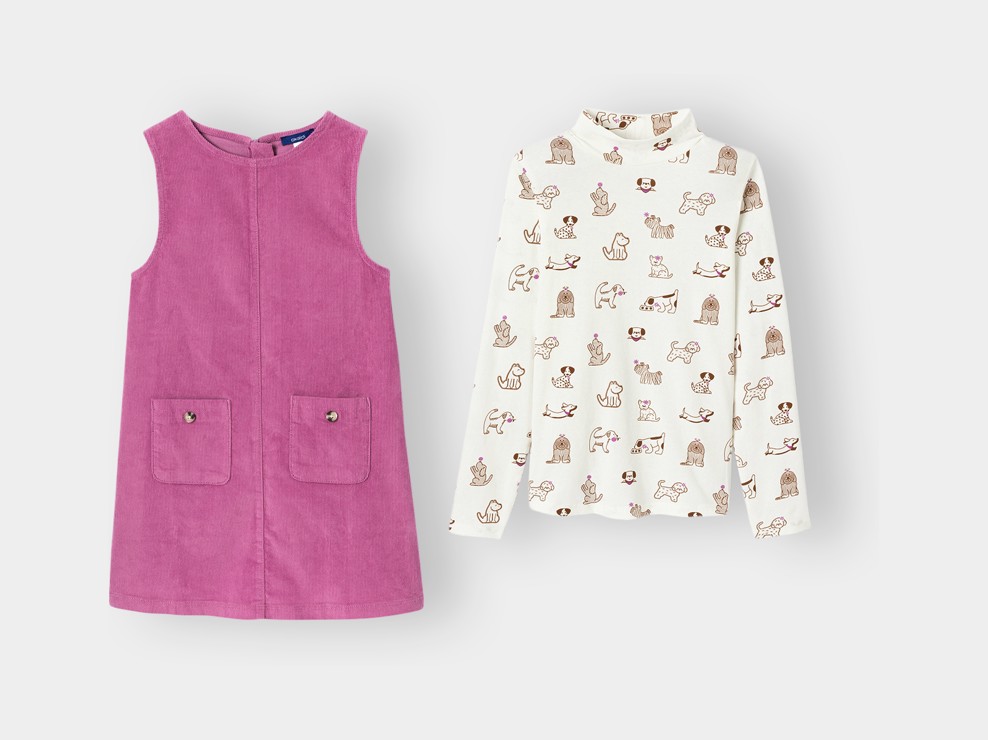 Samtkleid und rosa Pullover mit Hundemotiv für Mädchen 1