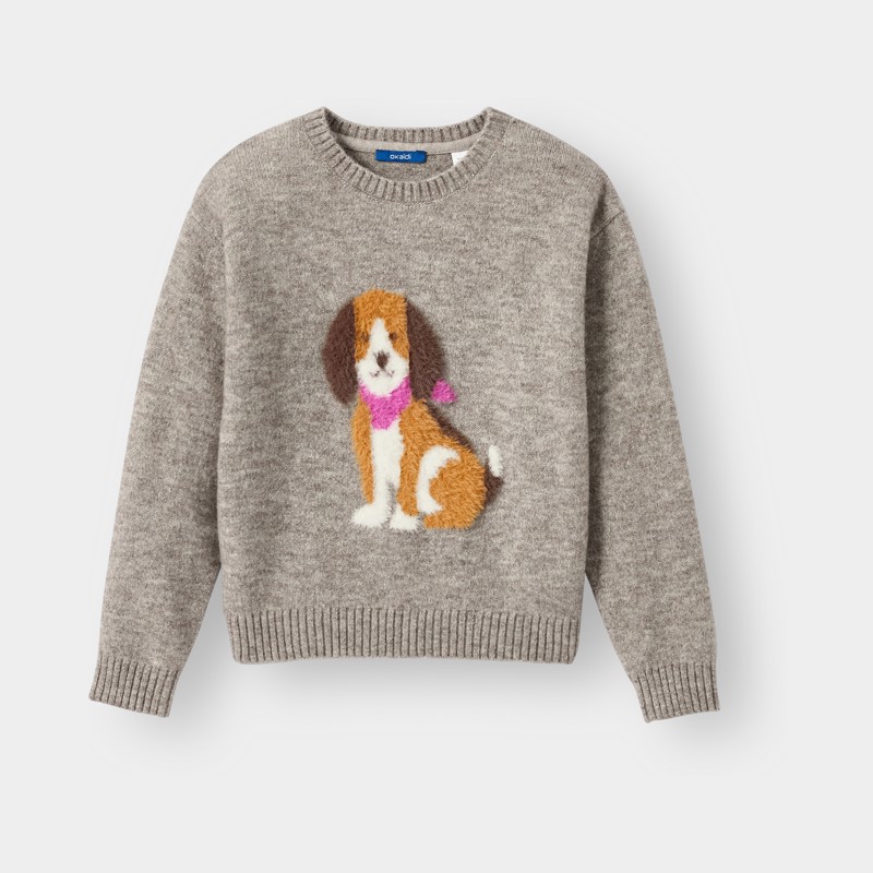 Zachte, gemêleerde beige trui met hondjesmotief voor meisjes