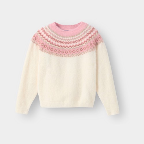 Pull Maille Jacquard Rose Fille - Blanc Farine - 10A - OKAIDI