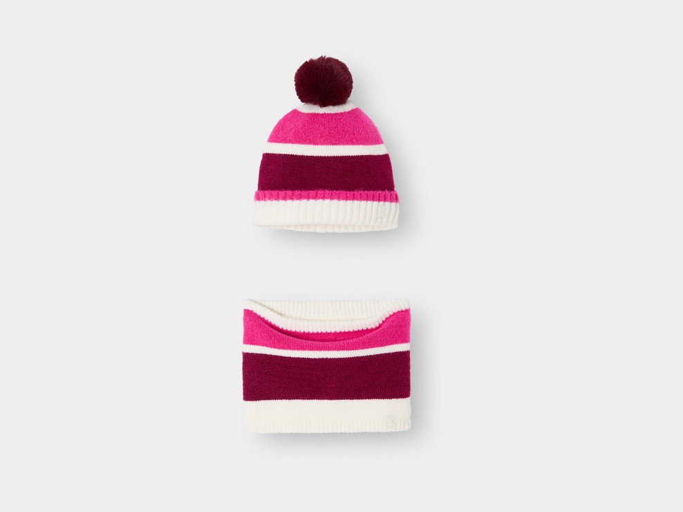 Bonnet et snood maille tricot doublé rose fille 1