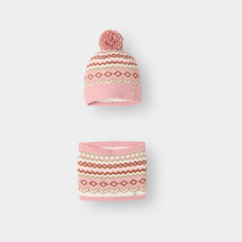 Set composto da berretto e sciarpa tubolare rosa per bambina