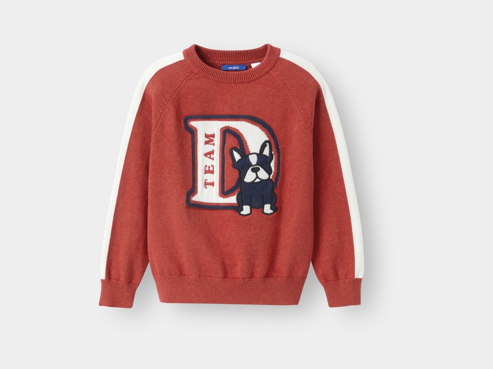 Pull brodé maille tricot rouge garçon 1